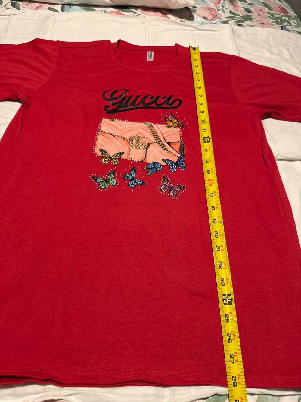YODATS Purse Butterflies Rhinestone Accent Graphic T-Shirt, Red Adult XL